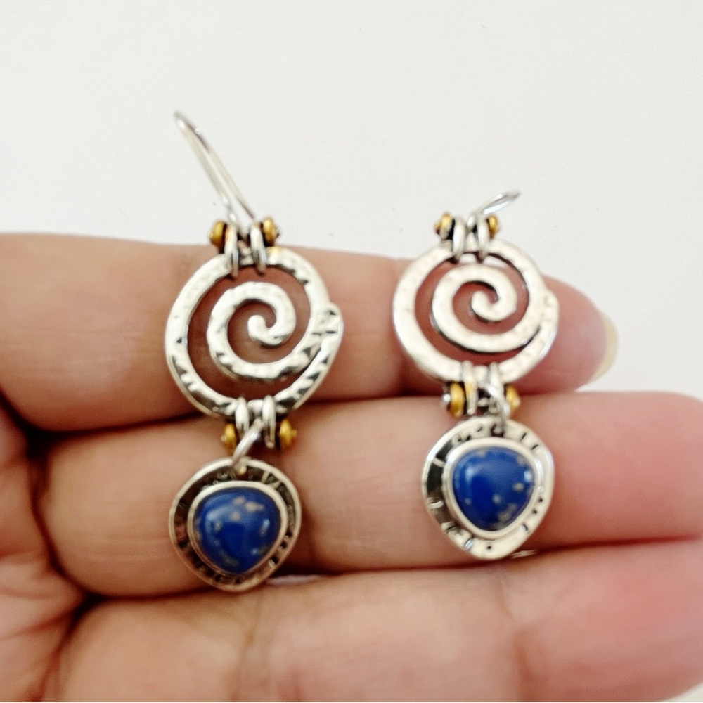 Natural Blue Lapis Lazuli Boho Ethnic Antique Silver Dangling Earrings - NWT - Picture 3 of 12